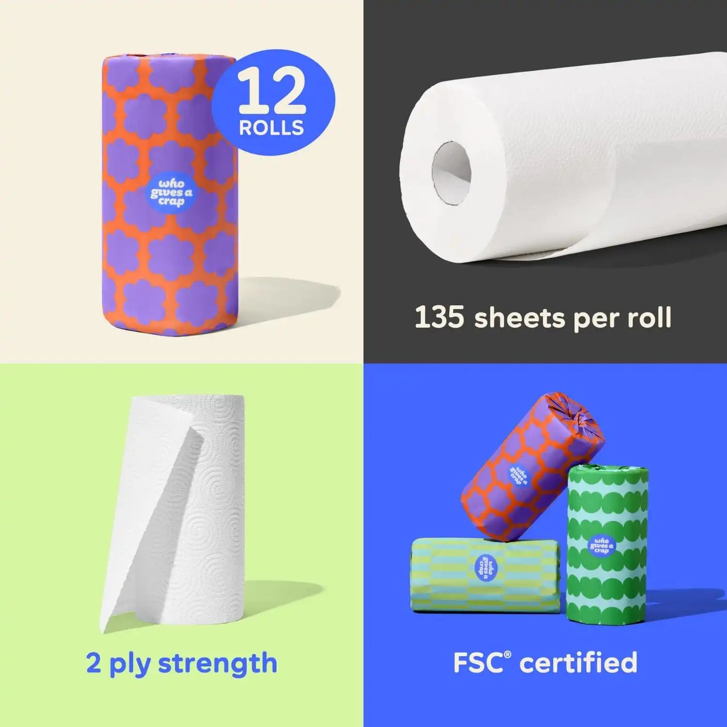 Who Gives A Crap The Lil' Bundle, 24 Bamboo Toilet Paper Rolls & 12 Bamboo Tissue Boxes, 12 Recycled Paper Towel Rolls, Eco Friendly, Sustainable, Plastic Free Household Essentials