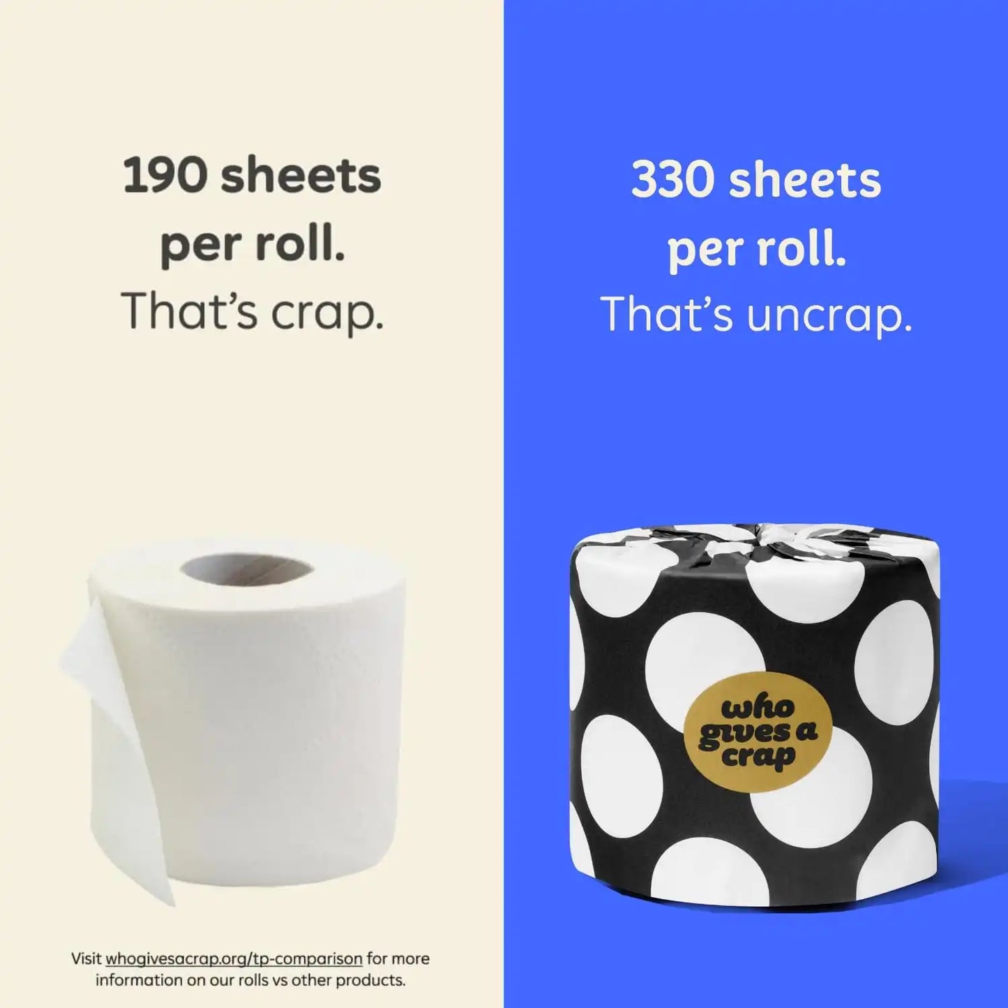 Who Gives A Crap 100% Bamboo Toilet Paper, 24 Rolls, 3 Ply, 330 Sheets, Long, Strong & Soft Toilet Tissue, Renewable, Tree Free Bathroom Tissue Made with Bamboo Fibers
