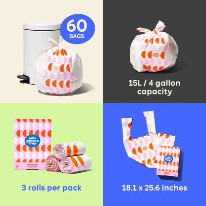Who Gives a Crap 100% Recycled Small Trash Bags, 60 Count, 4 Gallon, Sustainable Garbage Bags for Kitchen, Office, or Bathroom Trash Can, Designed to Help Resist Leaks and Tears, Durable Tie Handles