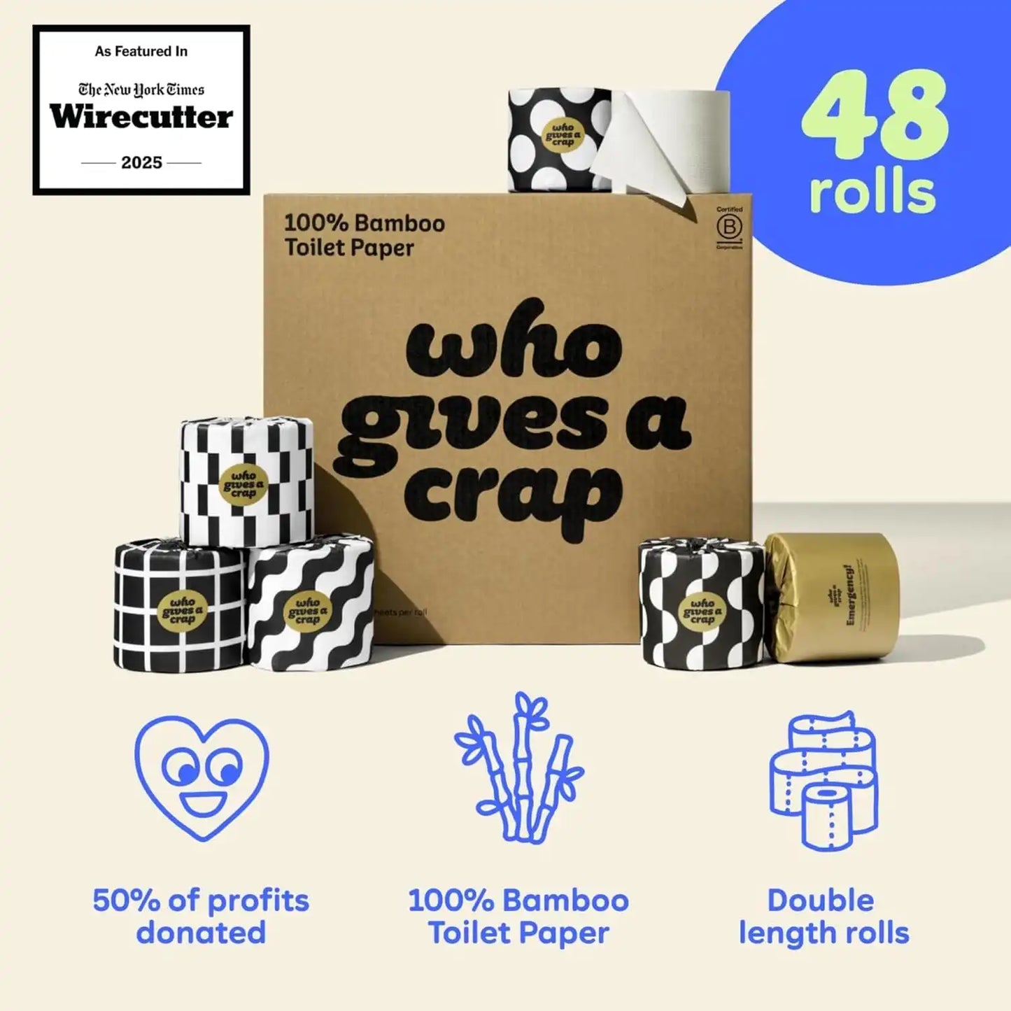 Who Gives A Crap 100% Bamboo Toilet Paper, 48 Rolls, 3 Ply, 370 Sheets, Long, Strong & Soft Toilet Tissue, Sustainable, Biodegradable, Renewable, Tree Free Bathroom Tissue Bulk Toilet Paper