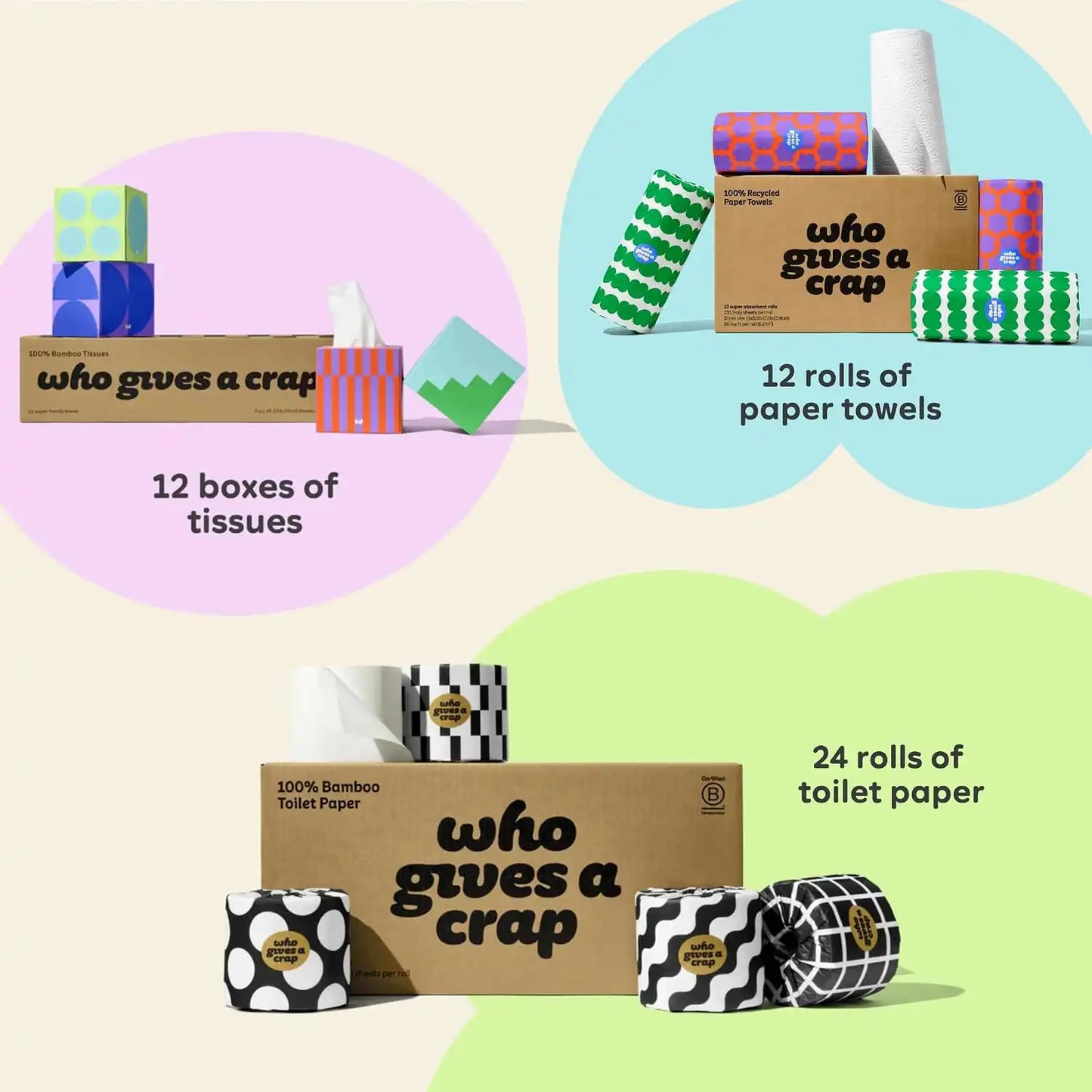 Who Gives A Crap The Lil' Bundle, 24 Bamboo Toilet Paper Rolls & 12 Bamboo Tissue Boxes, 12 Recycled Paper Towel Rolls, Eco Friendly, Sustainable, Plastic Free Household Essentials