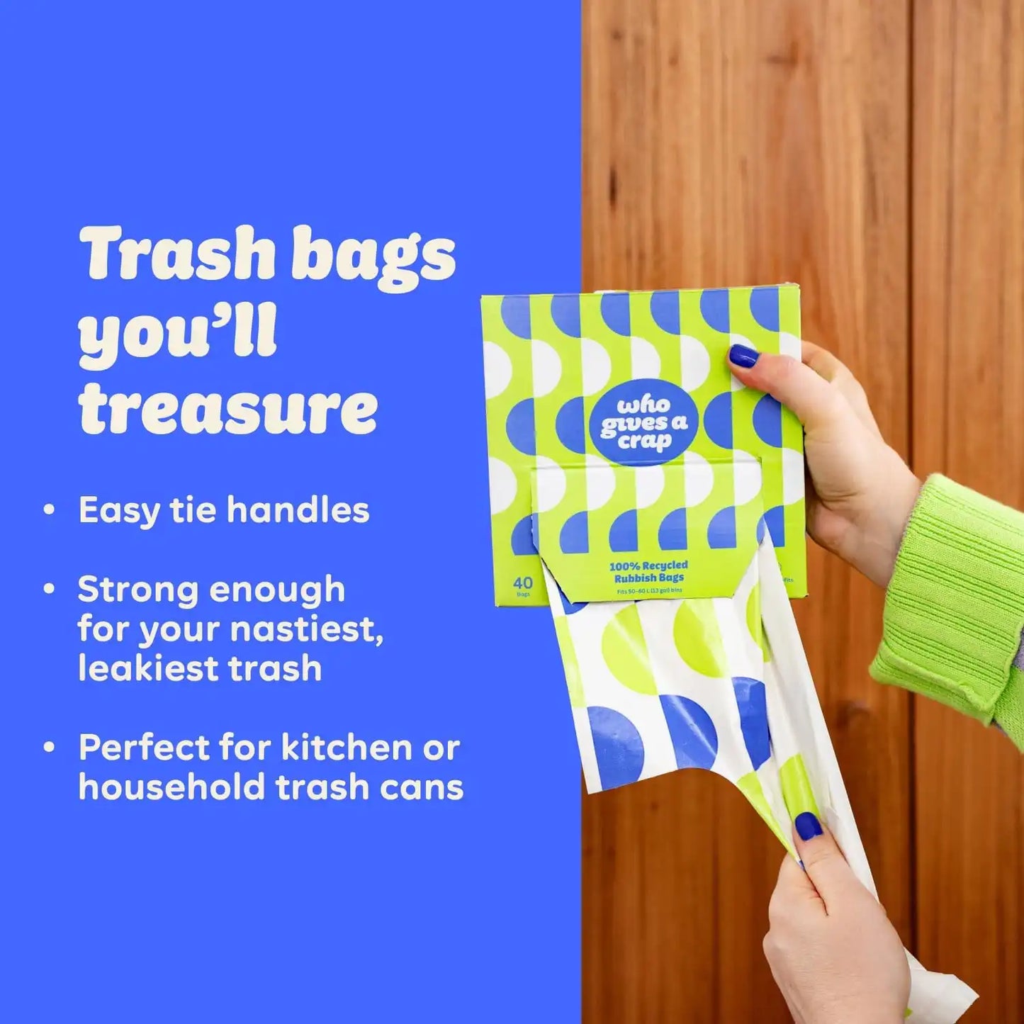 Who Gives a Crap 100% Recycled Tall Kitchen Trash Bags, 40 Count, 13 Gallon, Sustainable Garbage Bags for Kitchen or Large Trash Cans, Designed to Help Resist Leaks and Tears, Durable Tie Handles