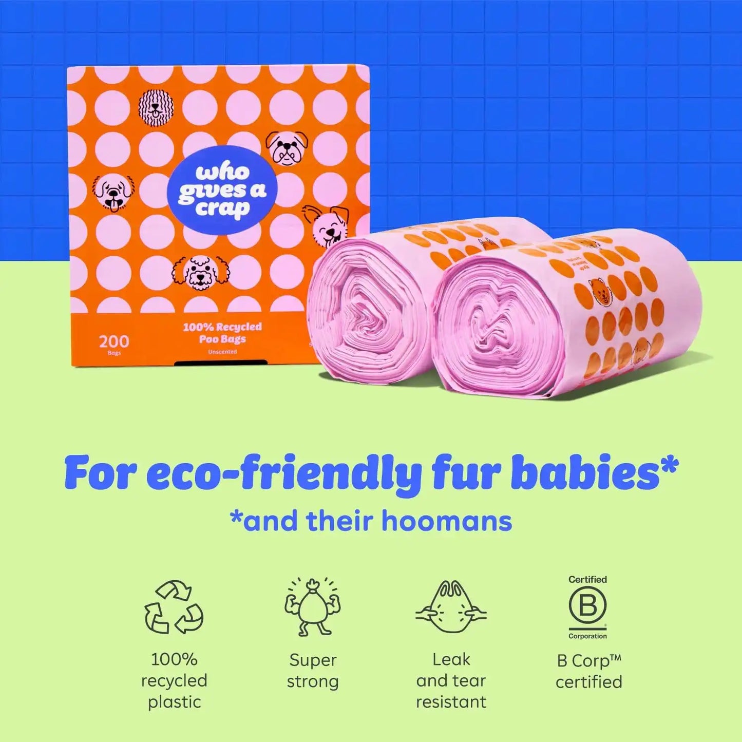 Who Gives a Crap 100% Recycled Pet Waste Bags, 200 Count, 3L / 3 Quart, Designed to Help Resist Leaks and Tears, Tie Handle Poop Bags for Small and Large Dogs, Sustainable Unscented Dog Trash Bags