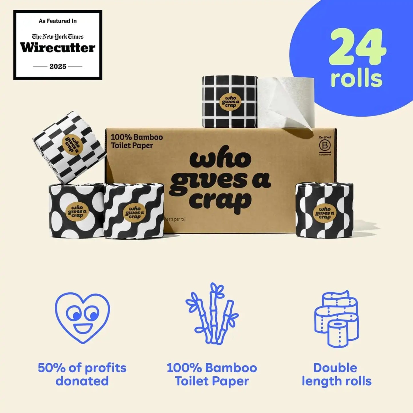Who Gives A Crap 100% Bamboo Toilet Paper, 24 Rolls, 3 Ply, 330 Sheets, Long, Strong & Soft Toilet Tissue, Renewable, Tree Free Bathroom Tissue Made with Bamboo Fibers