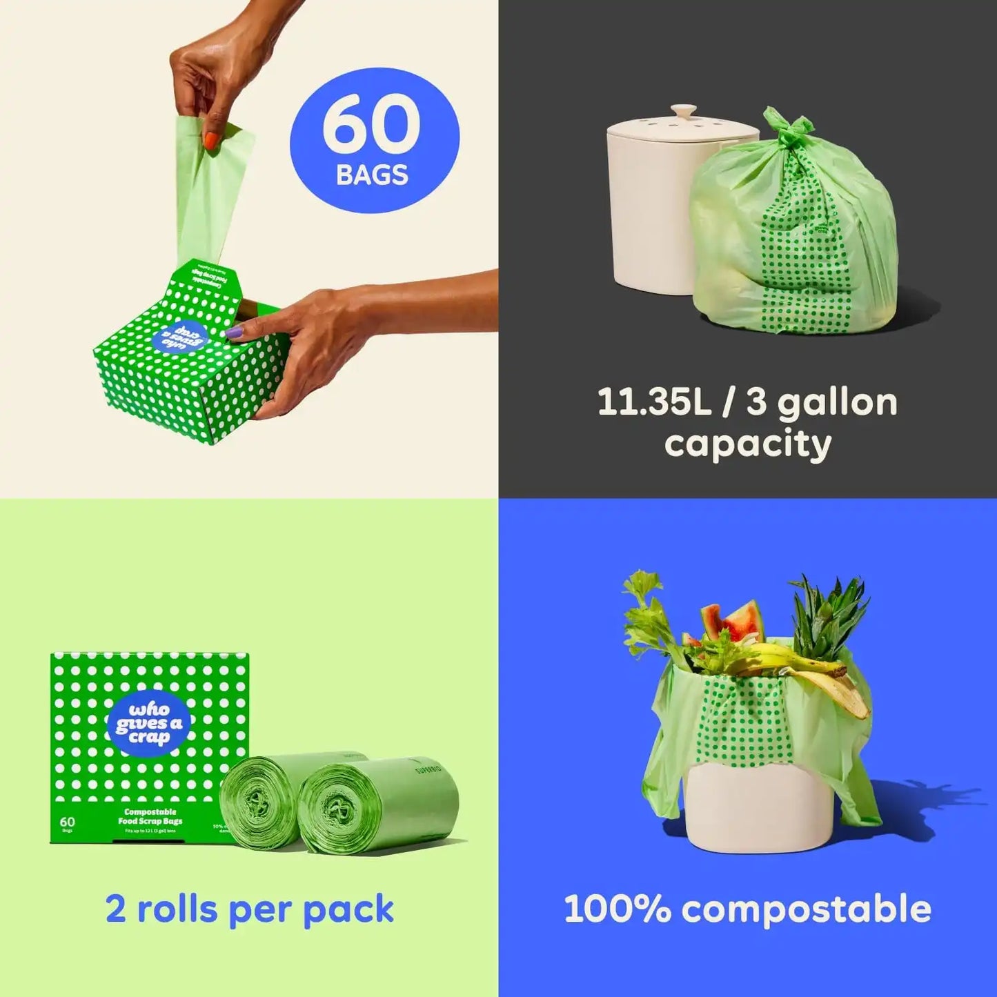 Who Gives a Crap Compostable Food Scrap Bags, 60 Count, 3 Gallon / 11.35 Liter, Durable Compost Bags for Kitchen Compost Bin, Biodegradable Food Waste Trash Bags for Sustainable Disposal