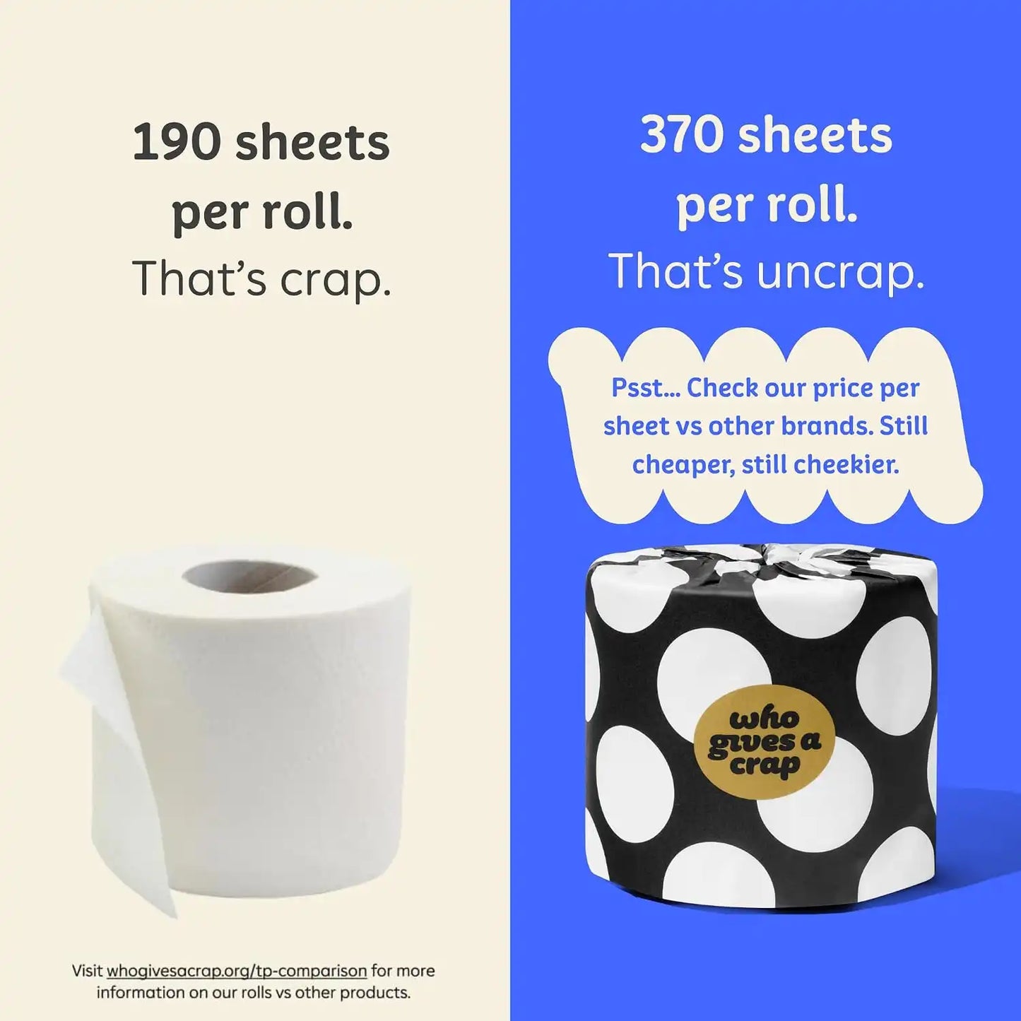 Who Gives A Crap 100% Bamboo Toilet Paper, 48 Rolls, 3 Ply, 370 Sheets, Long, Strong & Soft Toilet Tissue, Sustainable, Biodegradable, Renewable, Tree Free Bathroom Tissue Bulk Toilet Paper