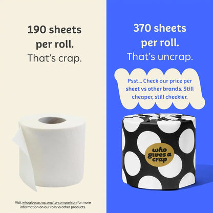 Who Gives A Crap 100% Bamboo Toilet Paper, 48 Rolls, 3 Ply, 370 Sheets, Long, Strong & Soft Toilet Tissue, Sustainable, Biodegradable, Renewable, Tree Free Bathroom Tissue Bulk Toilet Paper
